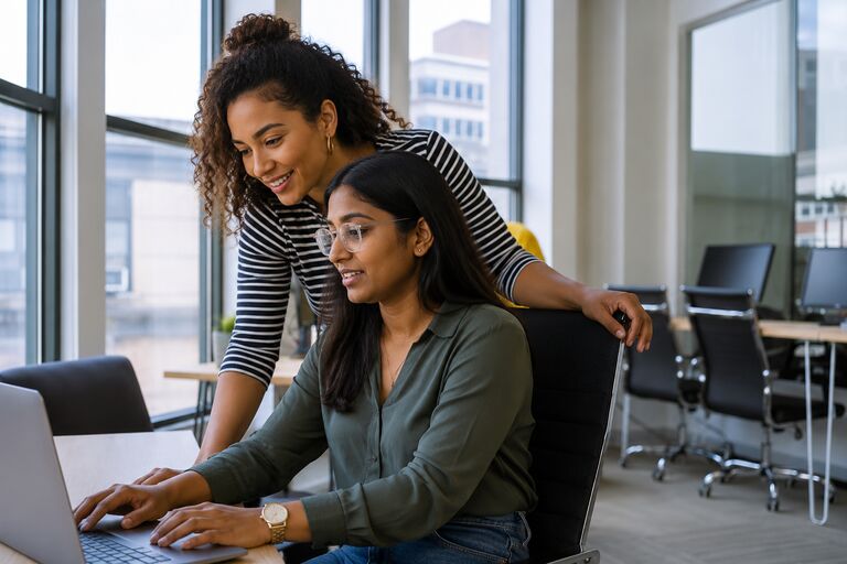 Two colleagues working together at a laptop in a bright office