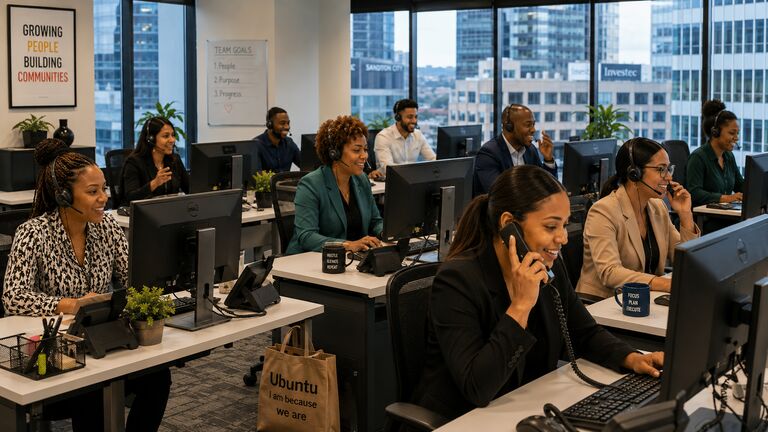 A busy sales floor with agents on calls beneath a Growing People, Building Communities sign