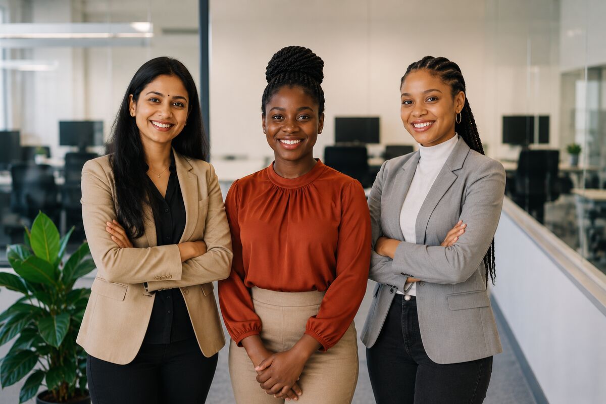 Three professional South African women standing together in an office
